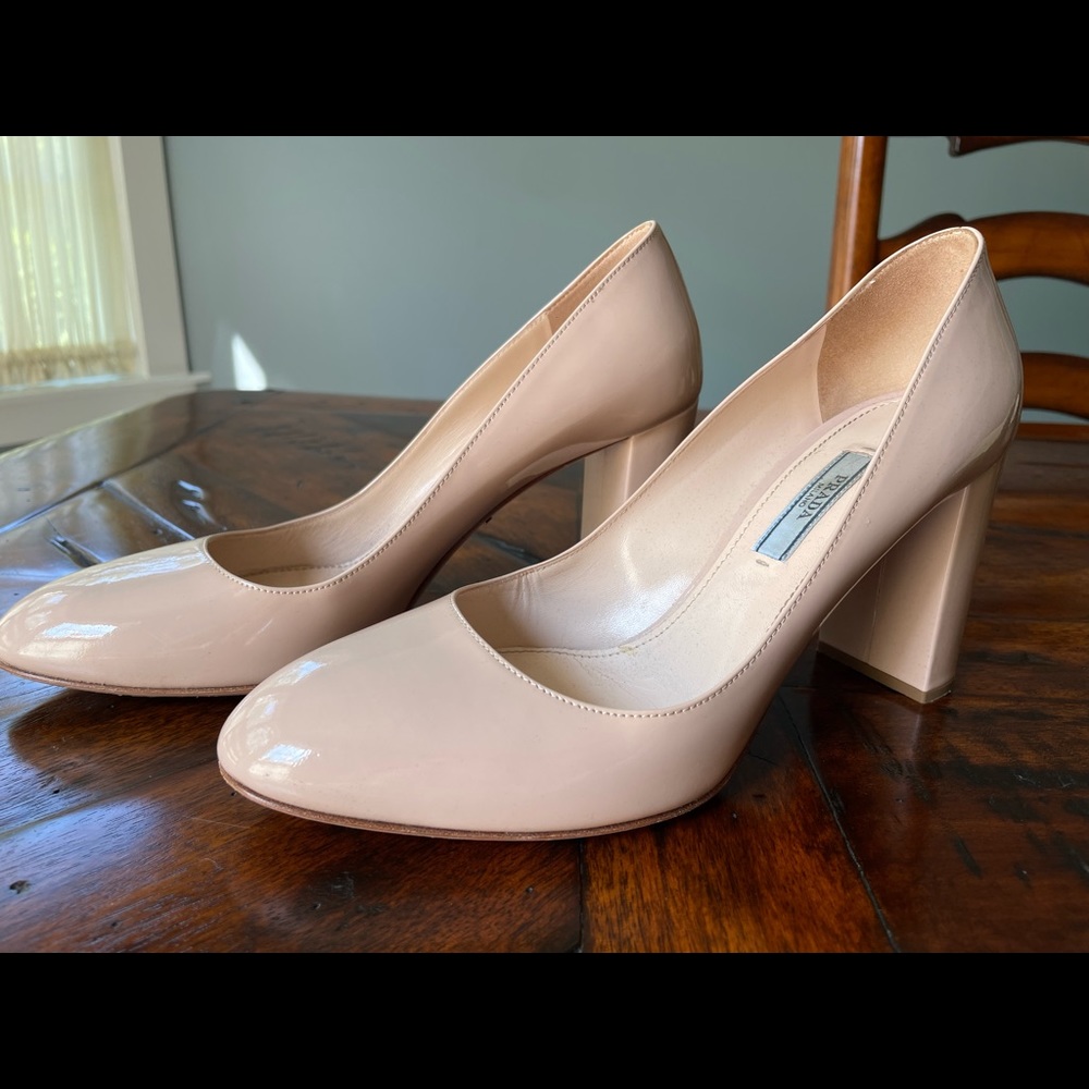Prada Block Heel Patent Leather Pumps